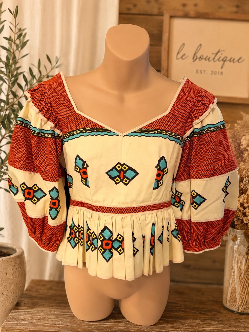 HUNTER BELL Cream & Rust Embroidered Peasant Top FLAWED